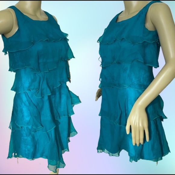 Teal Silk Ruffle Mini Cocktail Travel Dress Zip Zipper Sleeveless Size Small - Picture 1 of 2